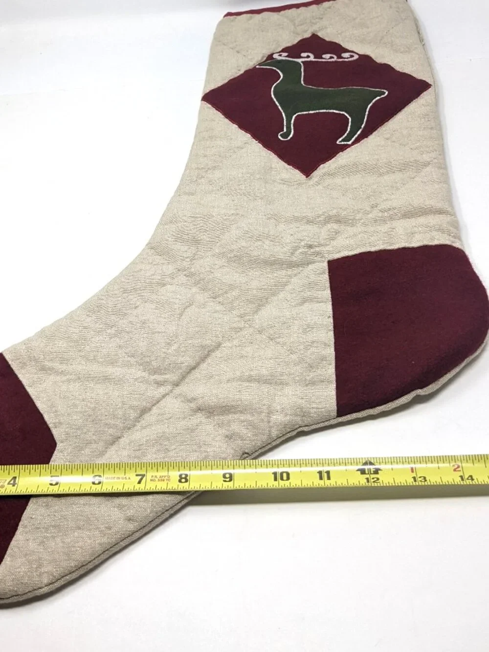 Quilted Farmhouse Christmas Stocking Rustic Country Homespun Burlap Deer